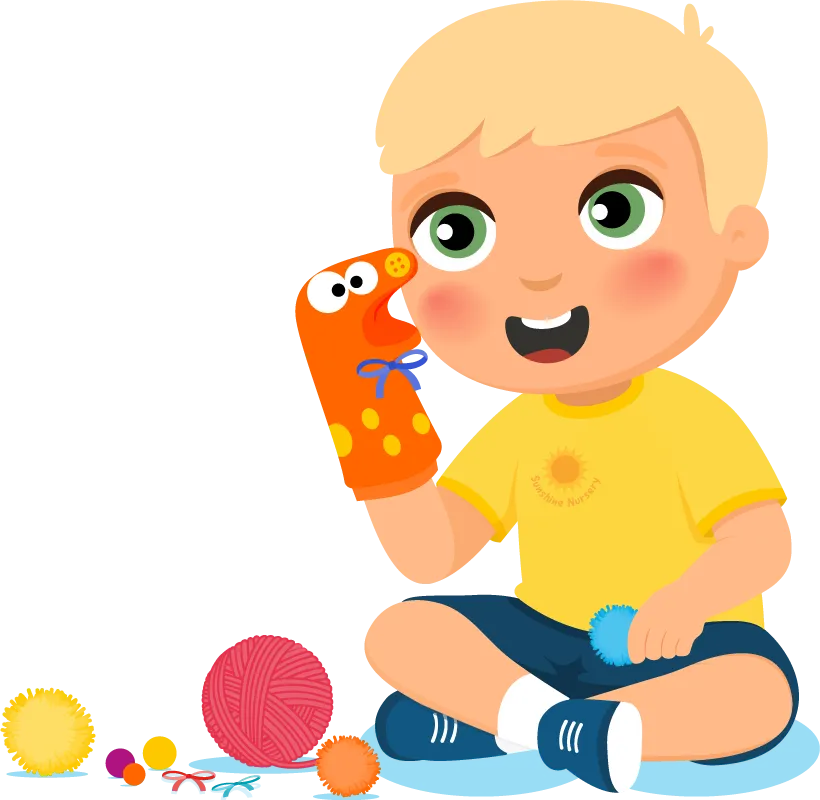 Blonde boy with sock puppet Hamish & Milo Foundation Boy with sock puppet